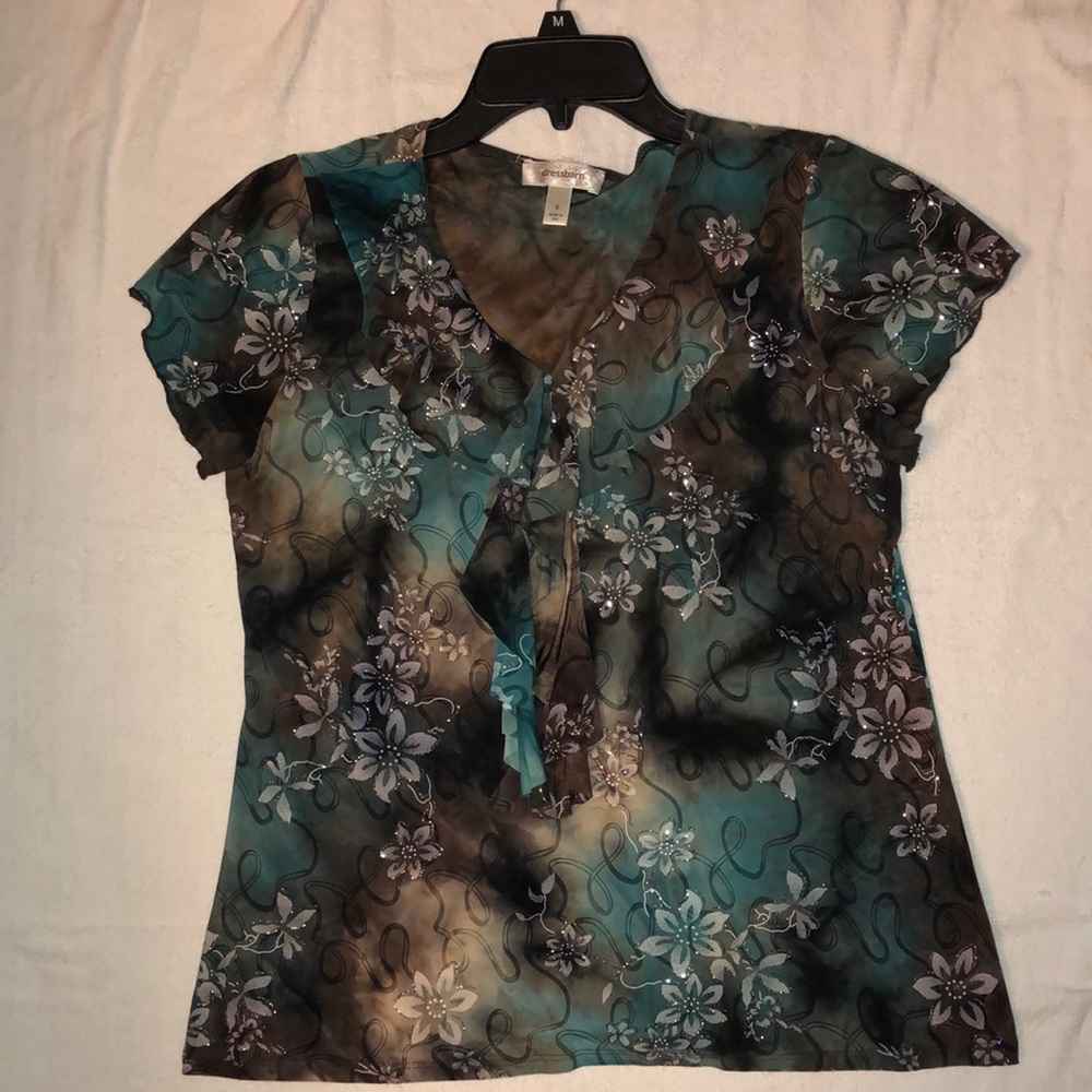 Blouse, short sleeved, ruffled front